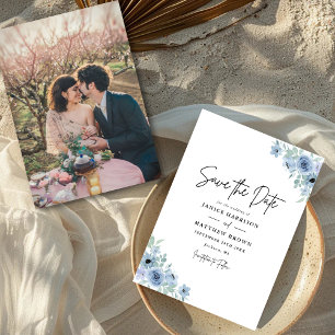 Vintage Dusty Blue Floral Photo Wedding Save The Date