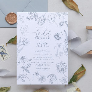 Vintage Dusty Blue Floral Script Bridal Shower Invitation