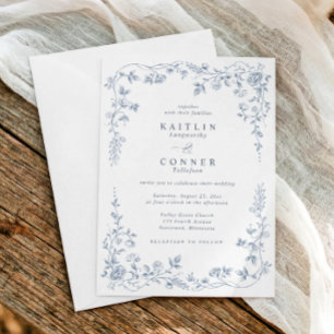 Vintage Dusty Blue French Floral Elegant Wedding Invitation