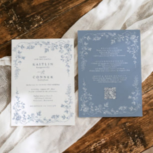 Vintage Dusty Blue French Floral Wedding Invitation