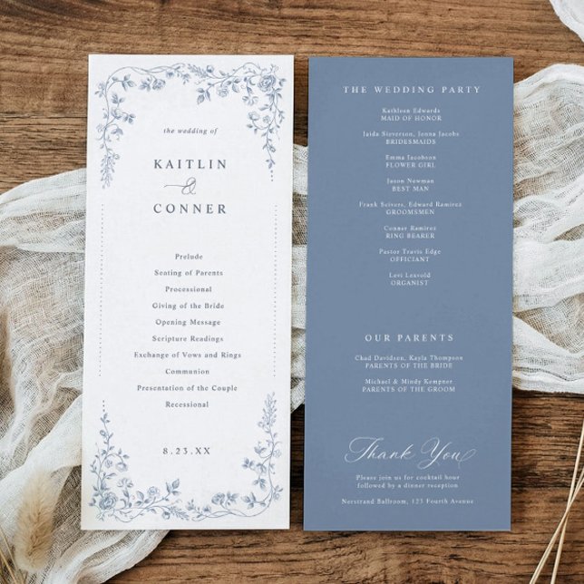 Vintage Dusty Blue French Floral Wedding Programme (Vintage French dusty blue wedding program with elegant chinoiserie floral frame)