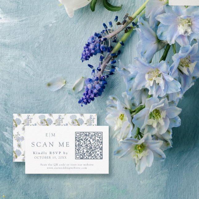 Vintage Dusty Blue Monogram QR Code Wedding RSVP Enclosure Card (Easily personalize this QR code enclosure card to coordinate with our delphinium invitations!)