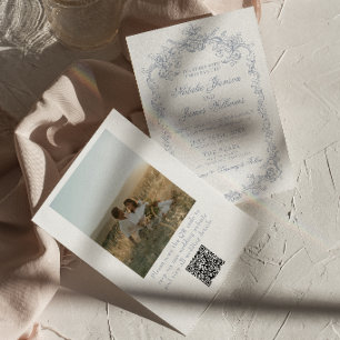 Vintage Dusty Blue Old Money Photo QR Code Wedding Invitation