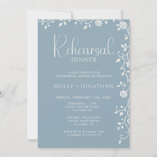 Vintage Dusty Blue Rose Vine Rehearsal Dinner Invitation