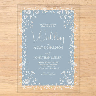 Vintage Dusty Blue Rose Vine Wedding Acrylic Invitations