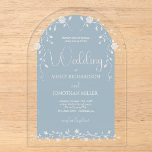 Vintage Dusty Blue Rose Vine Wedding Acrylic Invitations