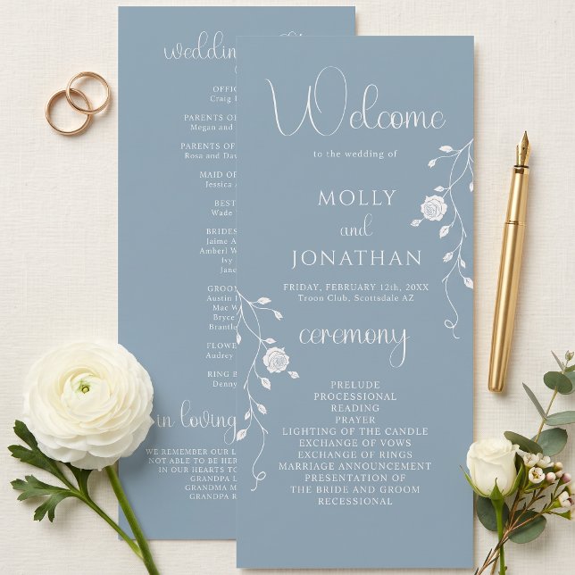 Vintage Dusty Blue Rose Vine Wedding Program Programme (Creator Uploaded)