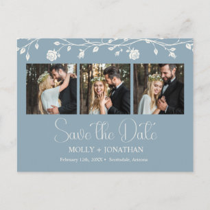 Vintage Dusty Blue Rose Vine Wedding Save The Date Postcard