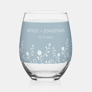 Vintage Dusty Blue Rose Vine Wedding Stemless Wine Glass