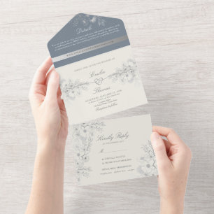 Vintage Dusty Blue Wedding All In One Invitation