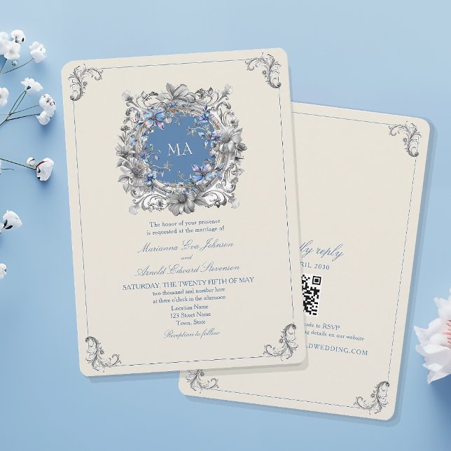 Vintage Dusty Blue Wedding Invitation (Creator Uploaded)