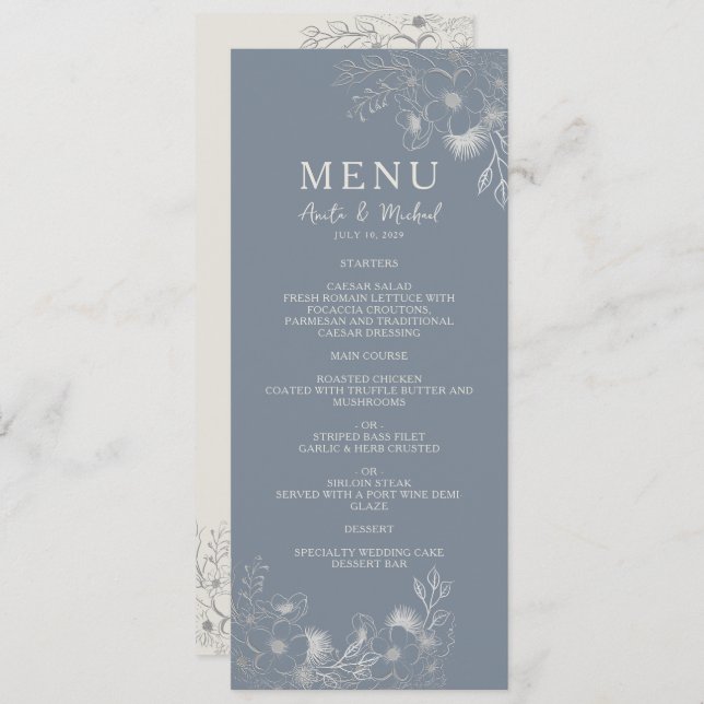 Vintage Dusty Blue Wedding Menu (Front/Back)