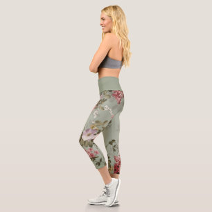 Vintage Dusty Olive Green Floral Design Capri Leggings