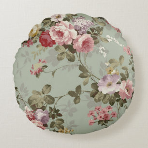 Vintage Dusty Olive Green Floral Design Round Cushion