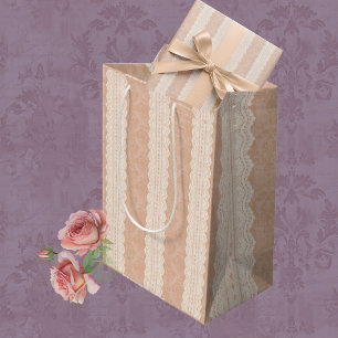 Vintage Dusty Peach Lace and Damask  Medium Gift Bag