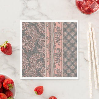 Vintage Dusty Pink and Charcoal Gray Lace Damask Napkin