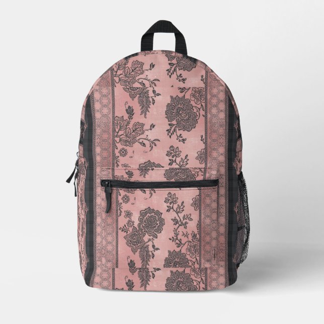Vintage Dusty Pink & Black Lace Rose Floral AI art Printed Backpack (Front)