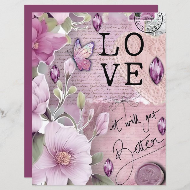 Vintage Dusty Pink Love Ephemera Scrapbook Paper (Front/Back)