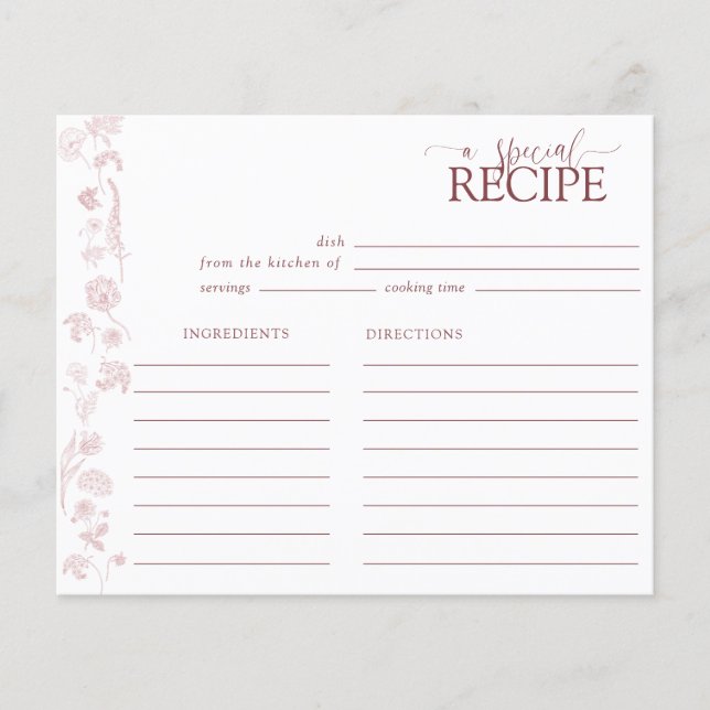 Vintage Dusty Rose Floral Script Recipe Card (Front)