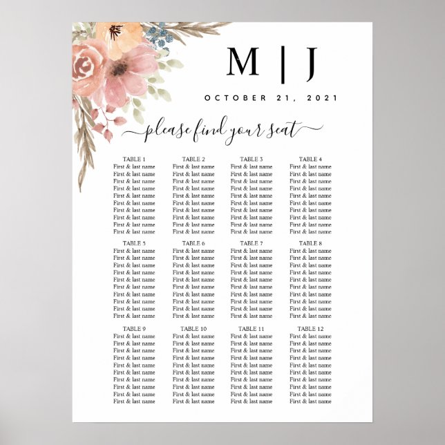 Vintage Dusty Rose Peach Floral Seating Chart (Front)