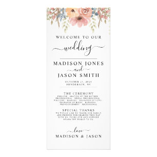 Vintage Dusty Rose Peach Floral Wedding Program Rack Card