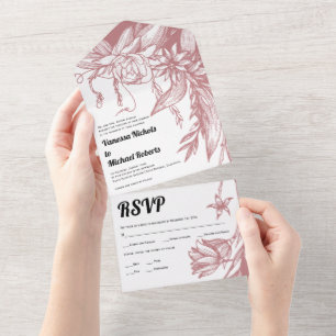 Vintage dusty rose pink line art flowers wedding all in one invitation