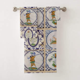 Vintage Dutch Delft Tiles 17th Century pottery art Bath Towel Set