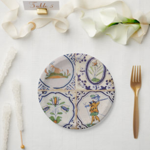 Vintage Dutch Delft Tiles 17th Century pottery art Paper Plate