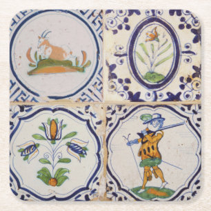 Vintage Dutch Delft Tiles 17th Century pottery art Square Paper Coaster