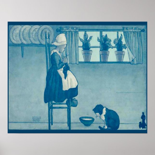 Vintage Dutch design, 1905 Girl knitting, cat Poster (Front)