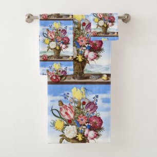 Vintage Dutch Golden Age Floral Still Life Bath Towel Set