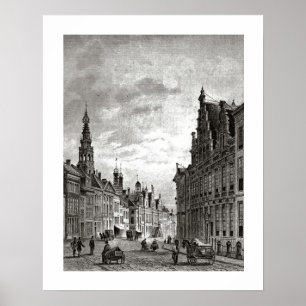 Vintage Dutch print  Leiden, main street