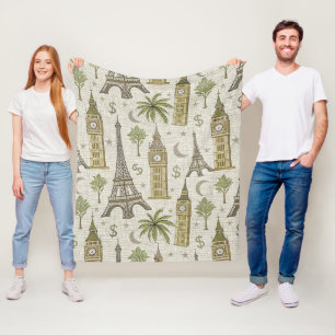 Vintage Earth Tones World Landmark for Travelers Fleece Blanket