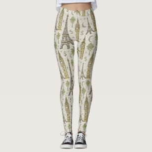 Vintage Earth Tones World Landmark for Travelers Leggings
