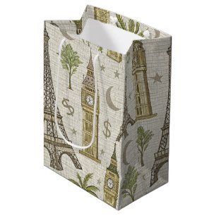 Vintage Earth Tones World Landmark for Travelers Medium Gift Bag