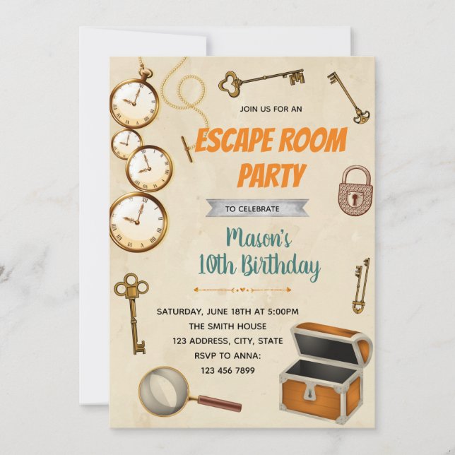 Vintage eascape room birthday invitation (Front)