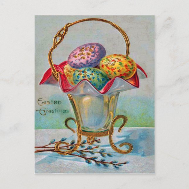 Vintage Easter Basket Coloured Egg Holiday Postcard (Front)