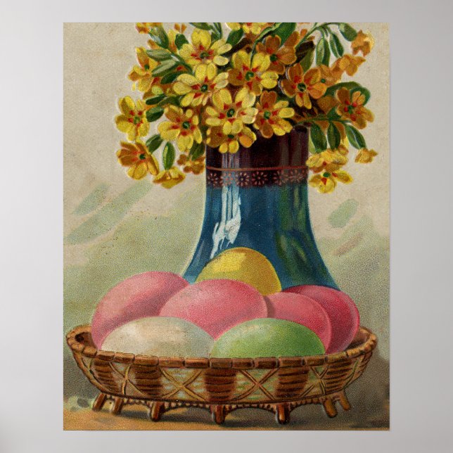 Vintage Easter Basket with Coloured Eggs Poster (Front)