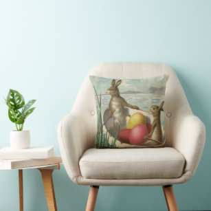 Vintage Easter Bunnies in a Boat with Easter Eggs Cushion