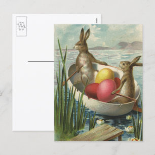 Vintage Easter Bunnies in a Boat with Easter Eggs Holiday Postcard