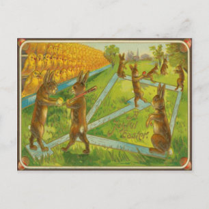 Vintage Easter Bunnies Playing Baseball Chicks Holiday Postcard