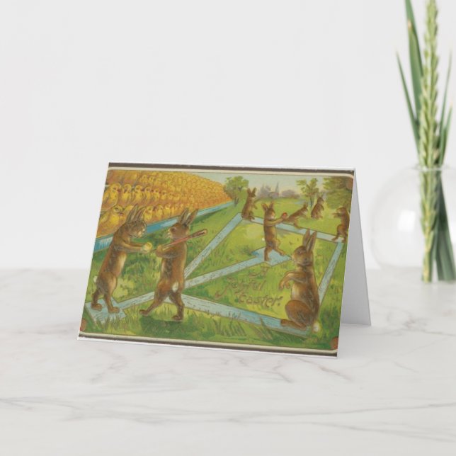 Vintage Easter Bunnies Playing Baseball, Holiday Card (Front)