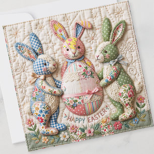 Vintage Easter Bunnies Quilt Style Print Pattern Holiday Card