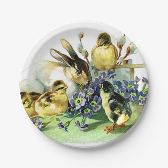 Vintage Easter Bunny and Chick Paper Plate (Front)