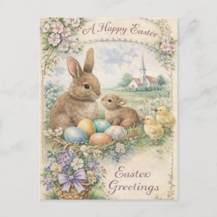 Vintage Easter Bunny and Chicks Pastel Holiday Postcard