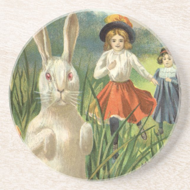 Vintage Easter Bunny and Children Happy Eastertide Coaster (Front)