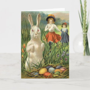 Vintage Easter Bunny and Children Happy Eastertide Holiday Card