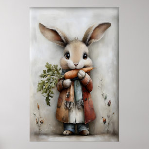Vintage Easter Bunny Carrot Print, Rabbit Poster