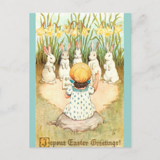 Vintage Easter Bunny Choir and Daffodils Postcard