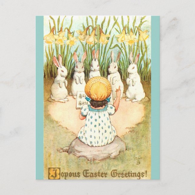 Vintage Easter Bunny Choir and Daffodils Postcard (Front)